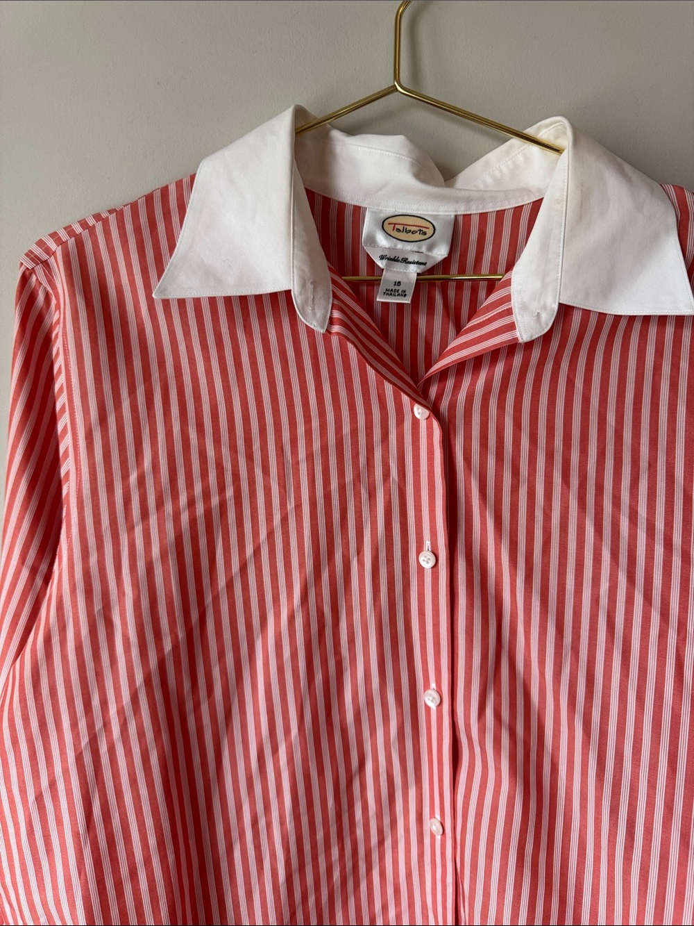 Talbots Red and White Striped Button-Up Shirt with White Collar